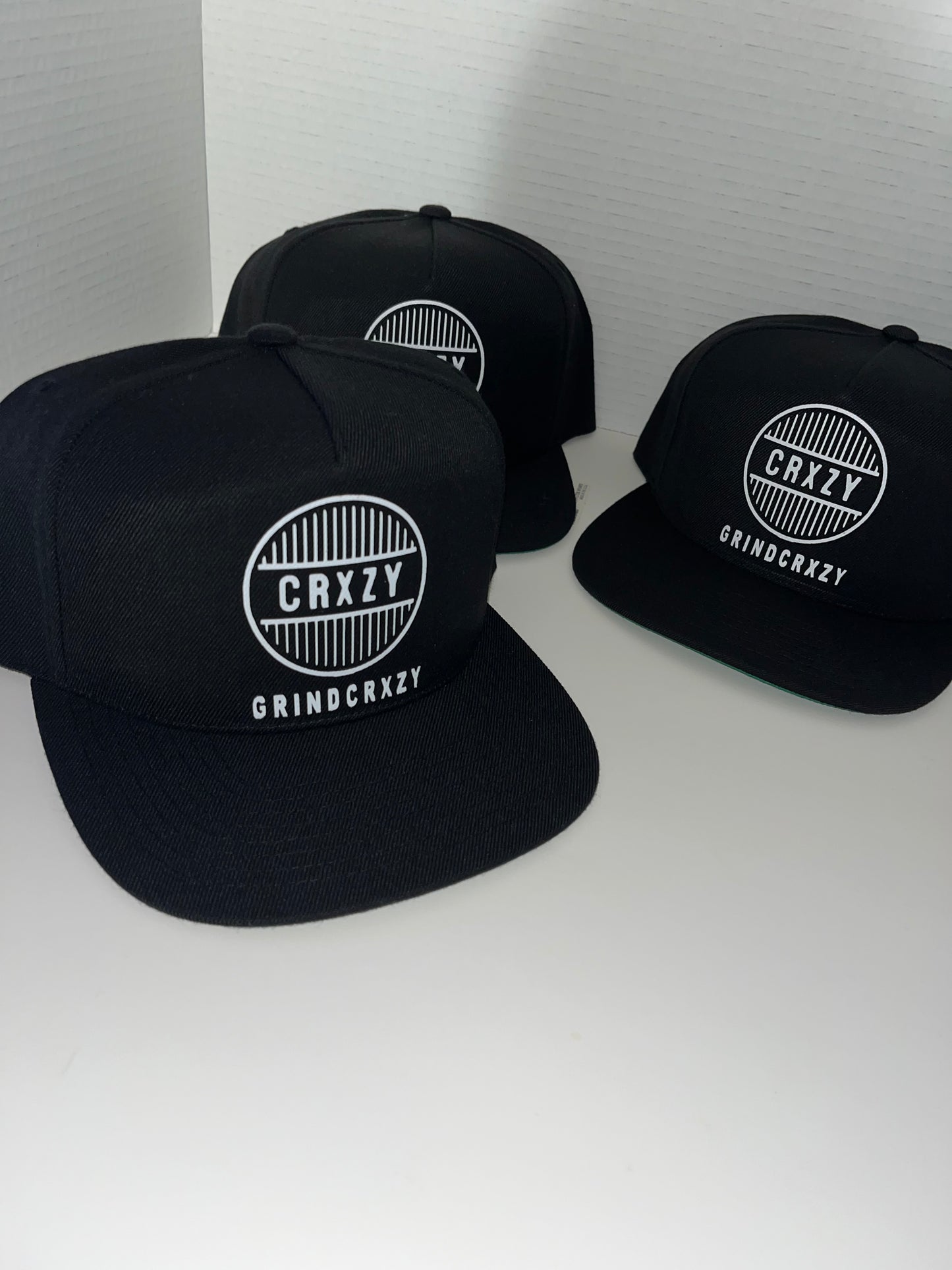 Grindcrxzy- Black W/ White 5-Panel Flat Bill Hat. Cotton Twill Snapback Cap