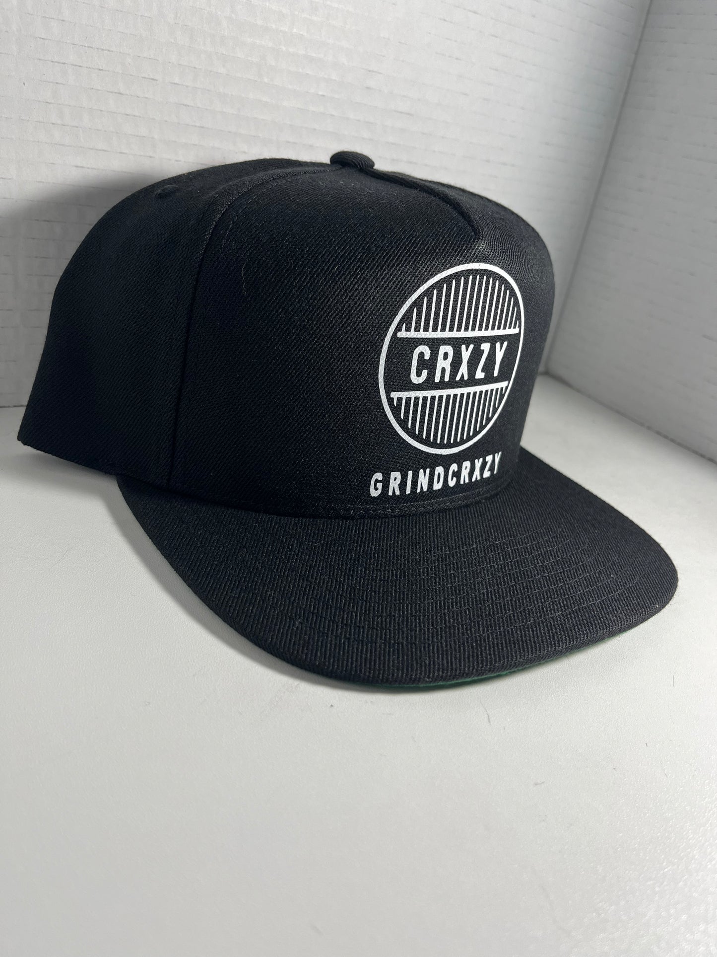 Grindcrxzy- Black W/ White 5-Panel Flat Bill Hat. Cotton Twill Snapback Cap