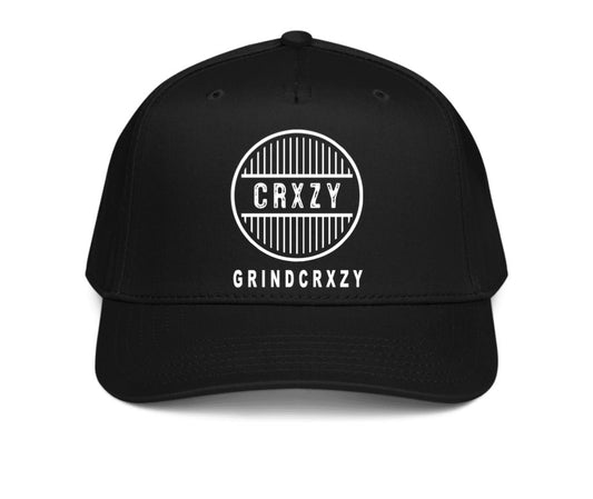 Grindcrxzy- Black W/ White 5-Panel Flat Bill Hat. Cotton Twill Snapback Cap