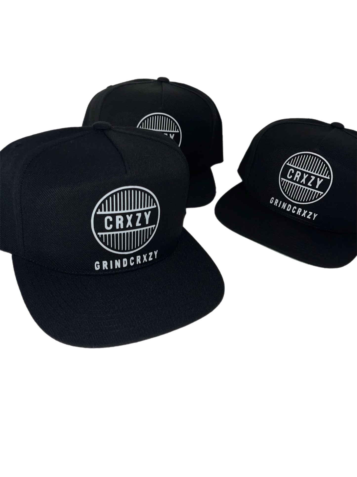 Grindcrxzy- Black W/ White 5-Panel Flat Bill Hat. Cotton Twill Snapback Cap