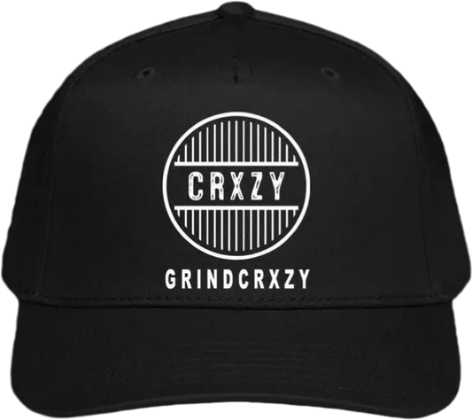 Grindcrxzy- Black W/ White 5-Panel Flat Bill Hat. Cotton Twill Snapback Cap