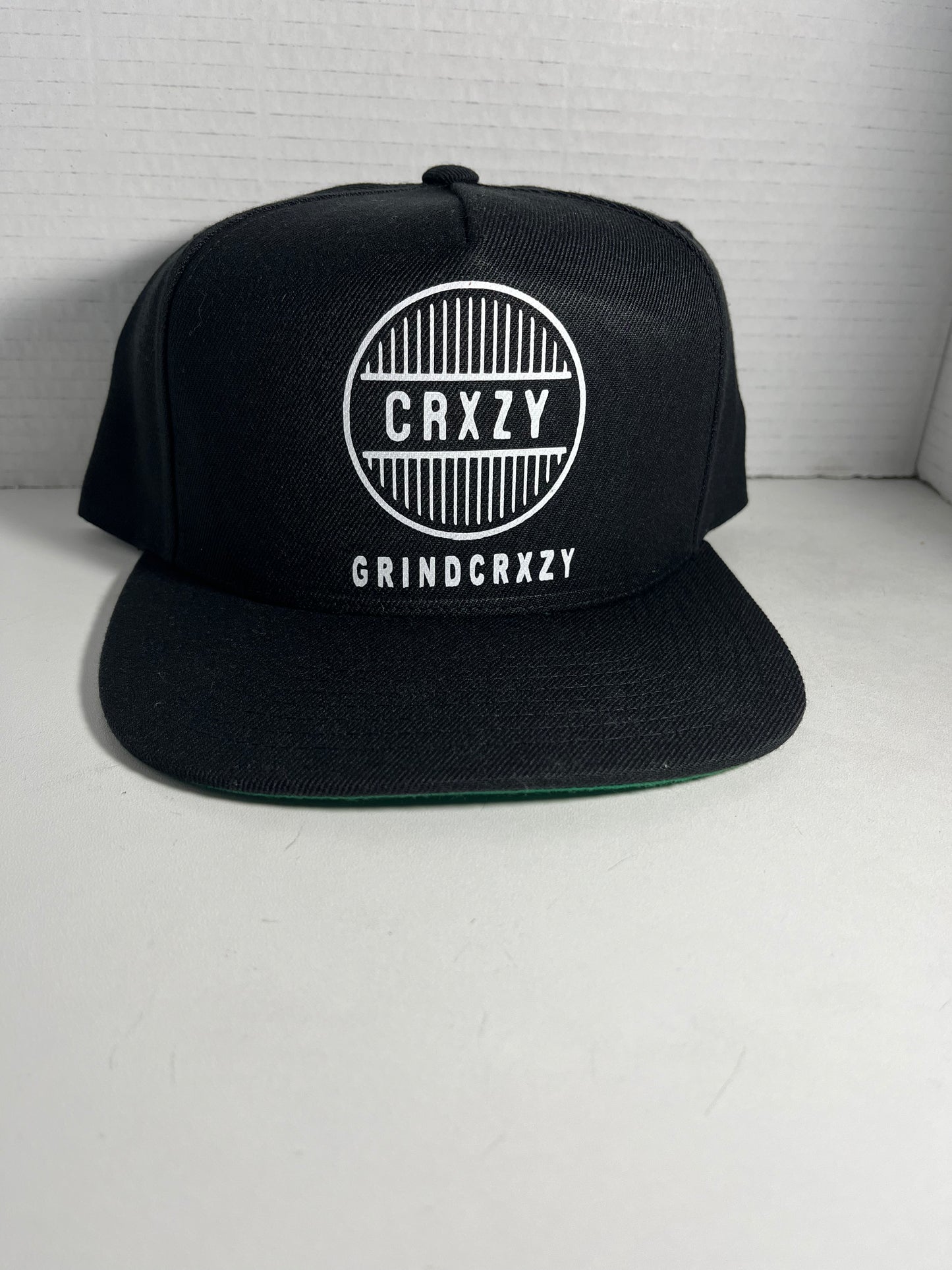 Grindcrxzy- Black W/ White 5-Panel Flat Bill Hat. Cotton Twill Snapback Cap