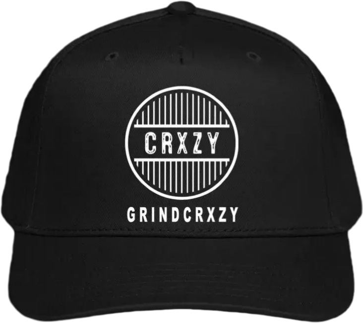 Grindcrxzy- Black W/ White 5-Panel Flat Bill Hat. Cotton Twill Snapback Cap